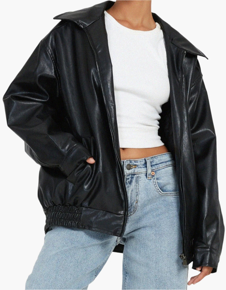 Oversize Lederjacke Mit Reißverschluss Für Damen | Winter
