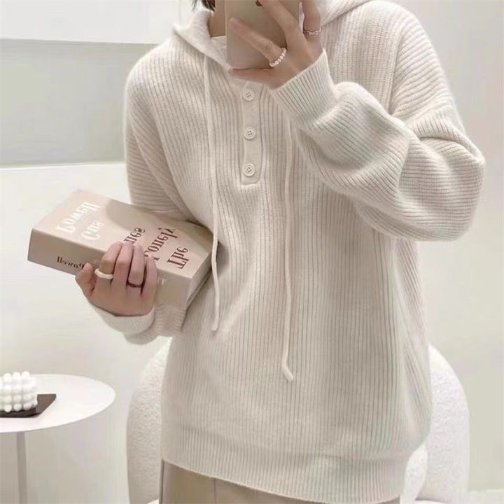 Henley-Kapuzenpullover Aus Strick Für Damen | Locker Geschnitten