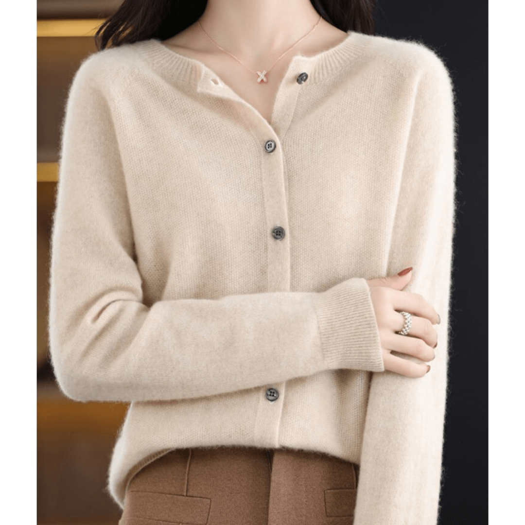 Damen Kaschmir Rundhals-Cardigan Mit Langen Ärmeln | Knopfleiste Vorne