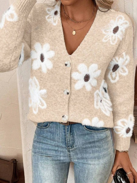 Damen-Cardigan Mit Blumenmuster Und Langen Ärmeln | V-Ausschnitt