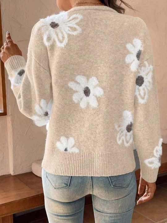 Damen-Cardigan Mit Blumenmuster Und Langen Ärmeln | V-Ausschnitt