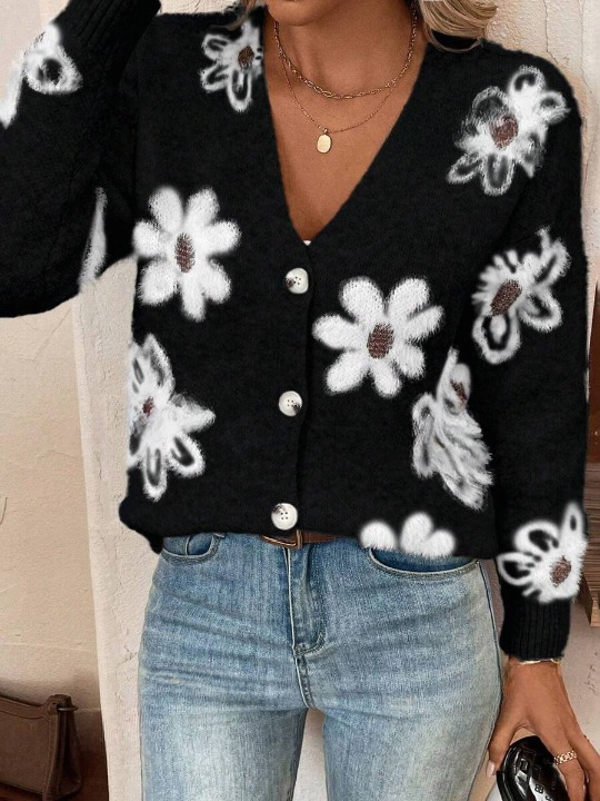 Damen-Cardigan Mit Blumenmuster Und Langen Ärmeln | V-Ausschnitt