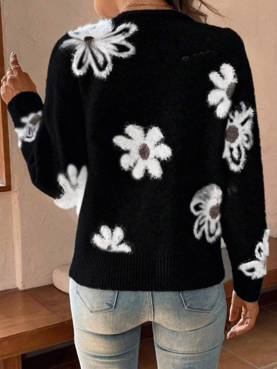 Damen-Cardigan Mit Blumenmuster Und Langen Ärmeln | V-Ausschnitt