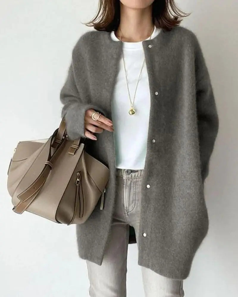 Langer Kragenloser Cardigan Für Damen | Winter