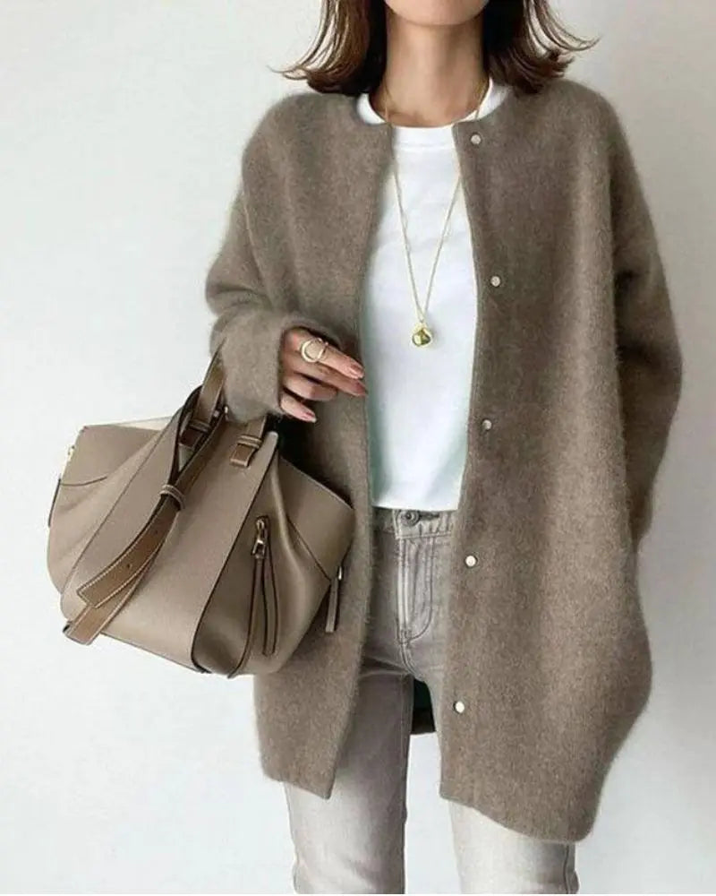 Langer Kragenloser Cardigan Für Damen | Winter