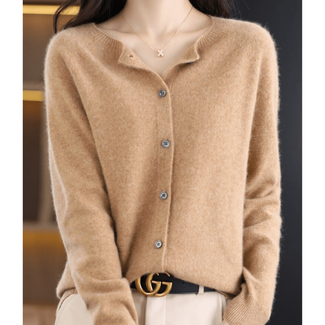 Damen Kaschmir Rundhals-Cardigan Mit Langen Ärmeln | Knopfleiste Vorne