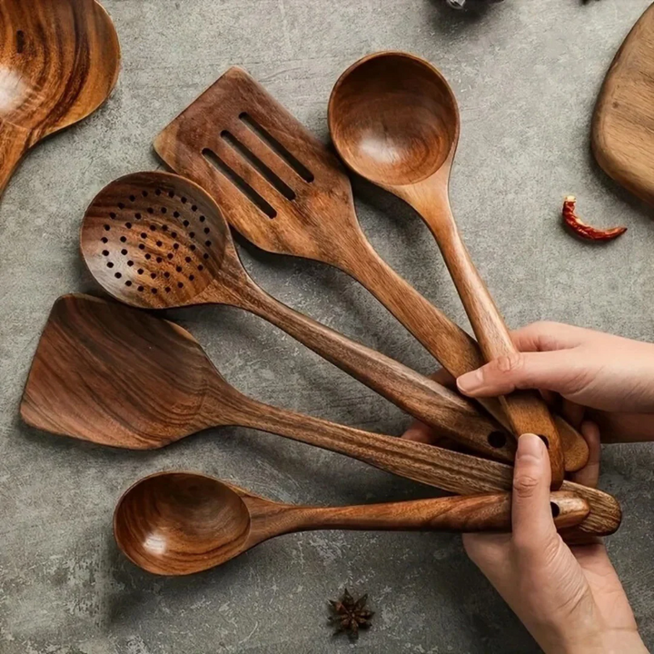 5-teiliges Küchenutensilien-Set aus Holz – Rustikal, Umweltfreundlich & Langlebig | Perfekt für stilvolles & nachhaltiges Kochen