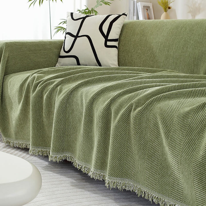 Herringbone Sofa Cover Pattern With Decorative Tassels