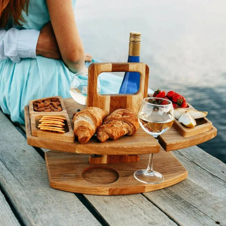Tragbarer Picknick-Weintisch aus Holz – Faltbar & Stabil für Garten, Camping & Ausflüge | Ideal für Wein & Snacks