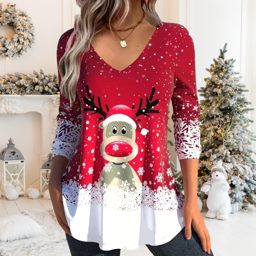 Damen Trendy Weihnachts-Top | V-Ausschnitt