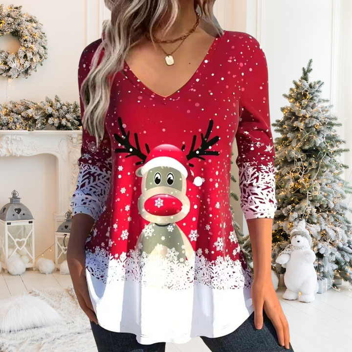 Damen Trendy Weihnachts-Top | V-Ausschnitt
