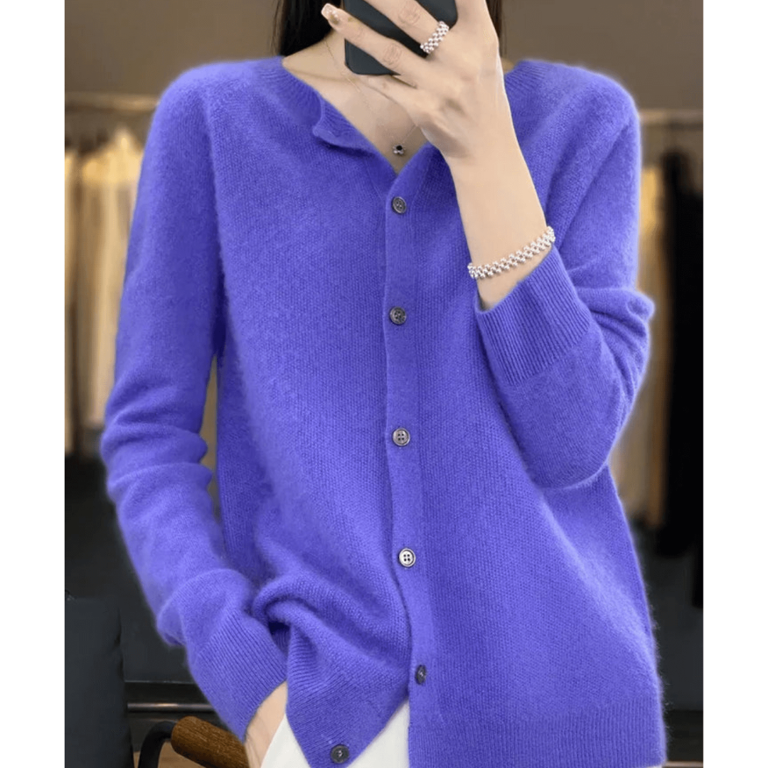 Damen Kaschmir Rundhals-Cardigan Mit Langen Ärmeln | Knopfleiste Vorne