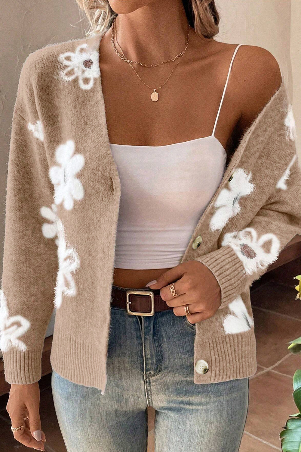 Damen-Cardigan Mit Blumenmuster Und Langen Ärmeln | V-Ausschnitt