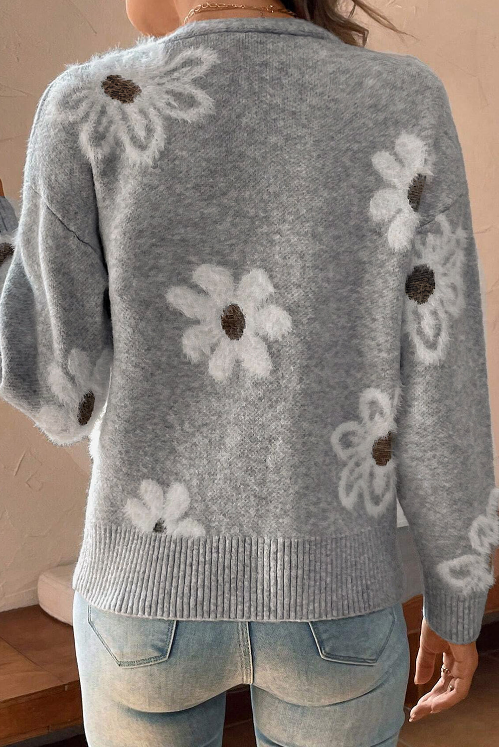Damen-Cardigan Mit Blumenmuster Und Langen Ärmeln | V-Ausschnitt
