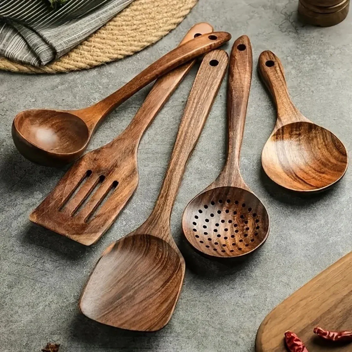 5-teiliges Küchenutensilien-Set aus Holz – Rustikal, Umweltfreundlich & Langlebig | Perfekt für stilvolles & nachhaltiges Kochen