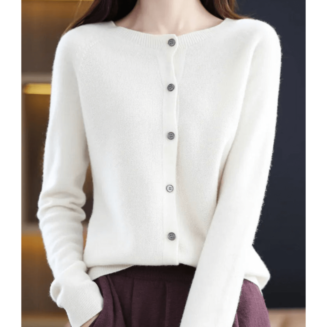 Damen Kaschmir Rundhals-Cardigan Mit Langen Ärmeln | Knopfleiste Vorne