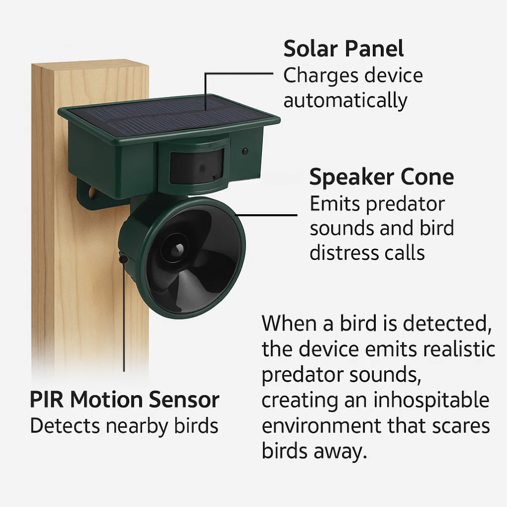 Solar Powered Bird Deterrent Motion Activated Sound Repeller