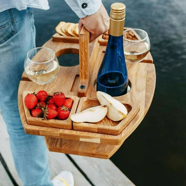 Tragbarer Picknick-Weintisch aus Holz – Faltbar & Stabil für Garten, Camping & Ausflüge | Ideal für Wein & Snacks