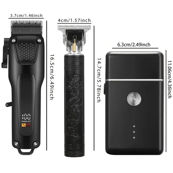 GroomMaster – 3-teiliges professionelles Haar- & Bartpflegeset für Herren | Kabellose Trimmer mit LED-Display & USB-Aufladung