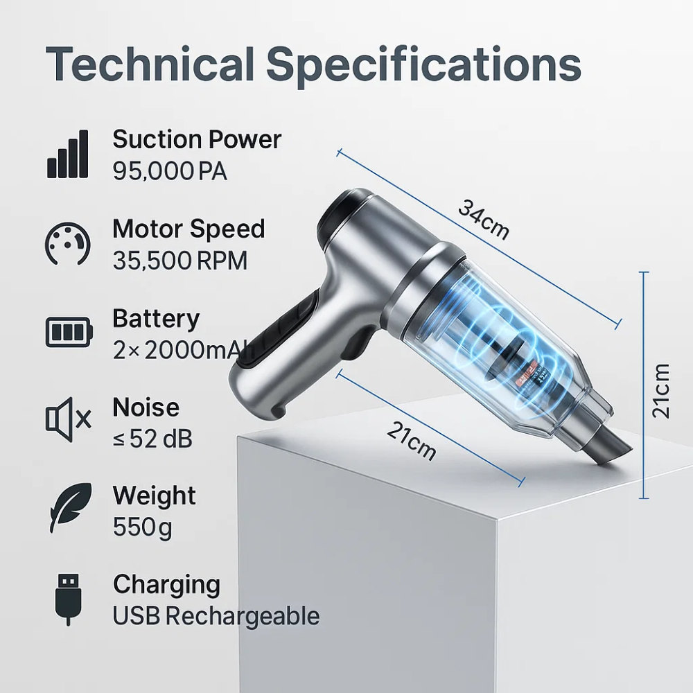 Portable Car Vacuum Cleaner Cordless High Suction Cleaning Tool