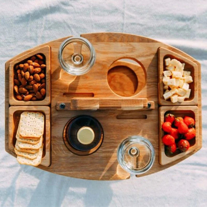 Tragbarer Picknick-Weintisch aus Holz – Faltbar & Stabil für Garten, Camping & Ausflüge | Ideal für Wein & Snacks