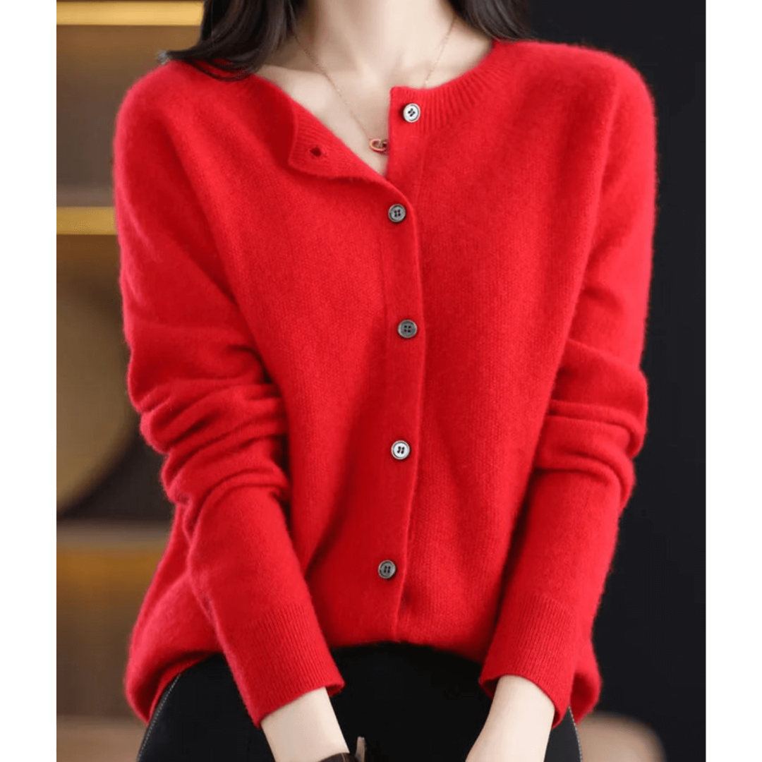 Damen Kaschmir Rundhals-Cardigan Mit Langen Ärmeln | Knopfleiste Vorne