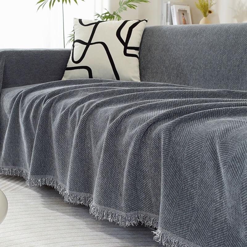 Herringbone Sofa Cover Pattern With Decorative Tassels