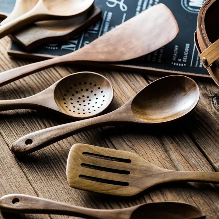 5-teiliges Küchenutensilien-Set aus Holz – Rustikal, Umweltfreundlich & Langlebig | Perfekt für stilvolles & nachhaltiges Kochen