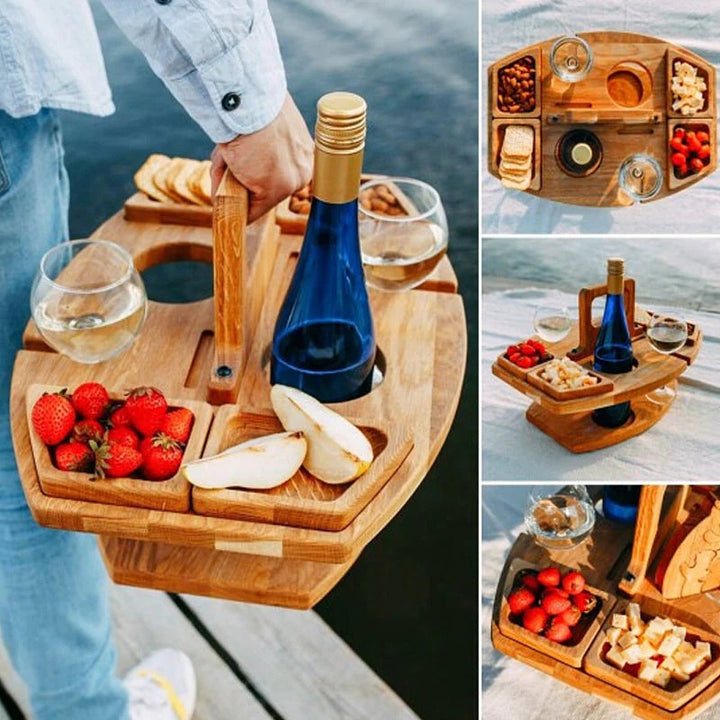Tragbarer Picknick-Weintisch aus Holz – Faltbar & Stabil für Garten, Camping & Ausflüge | Ideal für Wein & Snacks