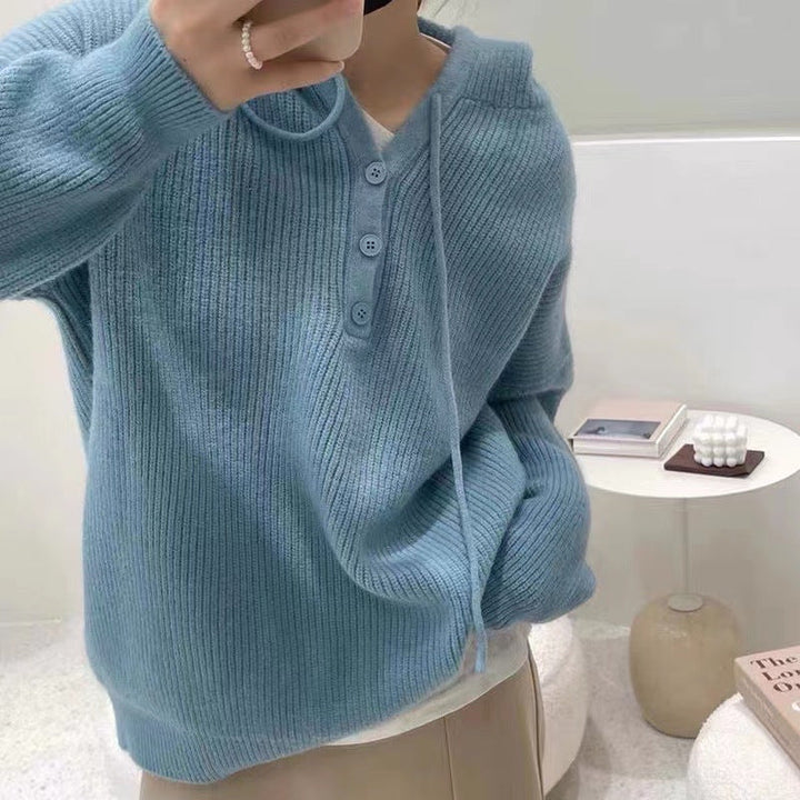 Henley-Kapuzenpullover Aus Strick Für Damen | Locker Geschnitten