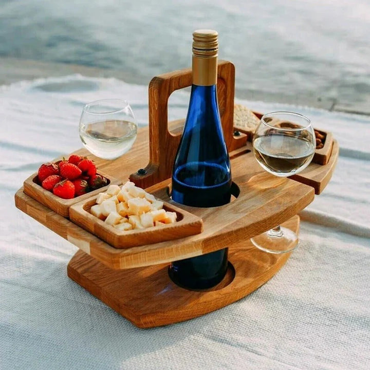 Tragbarer Picknick-Weintisch aus Holz – Faltbar & Stabil für Garten, Camping & Ausflüge | Ideal für Wein & Snacks
