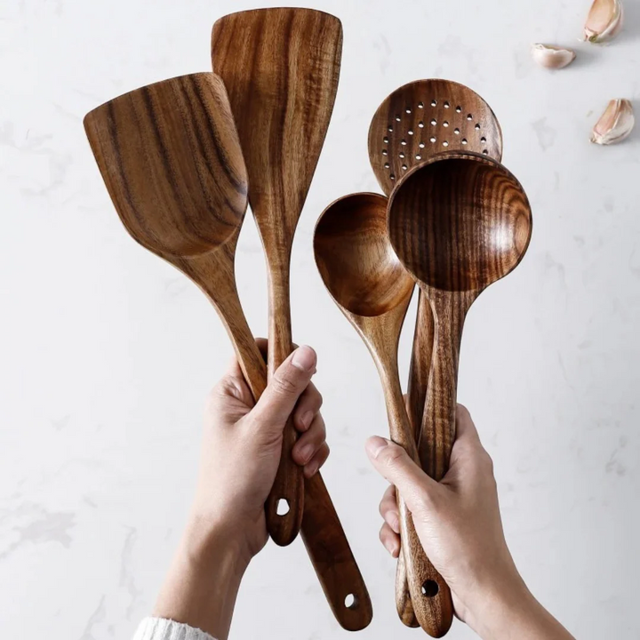 5-teiliges Küchenutensilien-Set aus Holz – Rustikal, Umweltfreundlich & Langlebig | Perfekt für stilvolles & nachhaltiges Kochen
