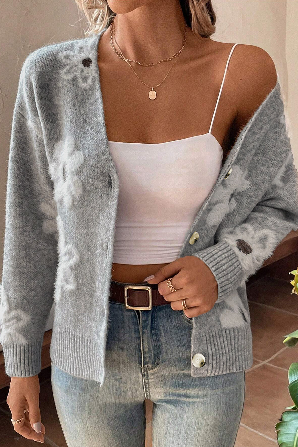 Damen-Cardigan Mit Blumenmuster Und Langen Ärmeln | V-Ausschnitt