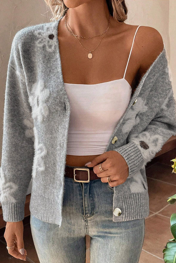 Damen-Cardigan Mit Blumenmuster Und Langen Ärmeln | V-Ausschnitt