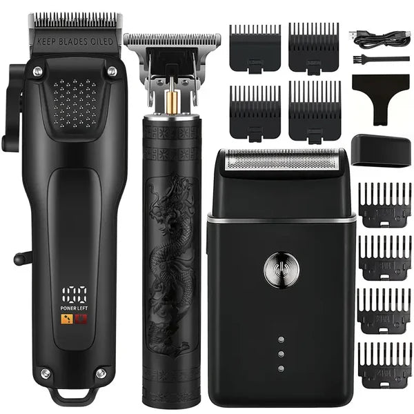 GroomMaster – 3-teiliges professionelles Haar- & Bartpflegeset für Herren | Kabellose Trimmer mit LED-Display & USB-Aufladung