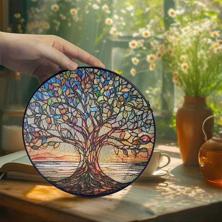 Lebensbaum-Suncatcher aus Glas – Handgefertigt & Farbintensiv | Leuchtende Fensterdekoration aus gebranntem Glas für Wohnräume