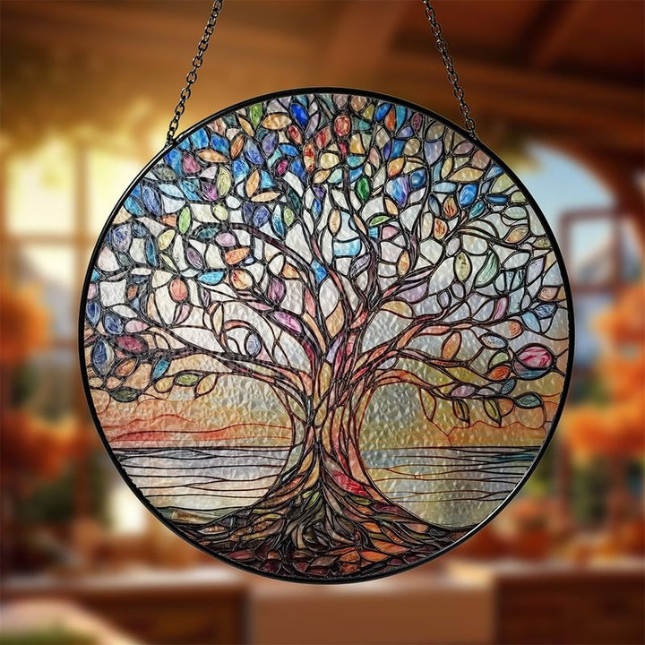 Lebensbaum-Suncatcher aus Glas – Handgefertigt & Farbintensiv | Leuchtende Fensterdekoration aus gebranntem Glas für Wohnräume