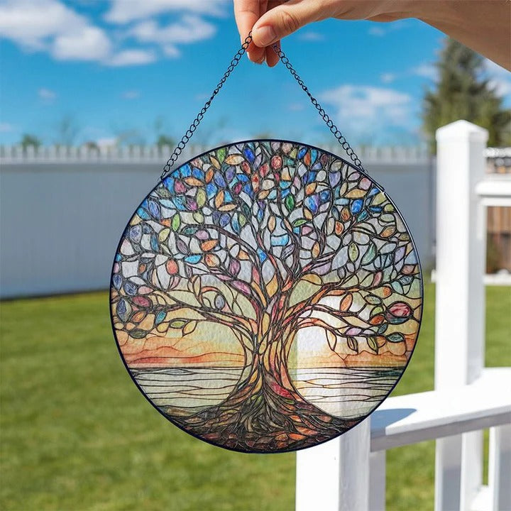 Lebensbaum-Suncatcher aus Glas – Handgefertigt & Farbintensiv | Leuchtende Fensterdekoration aus gebranntem Glas für Wohnräume