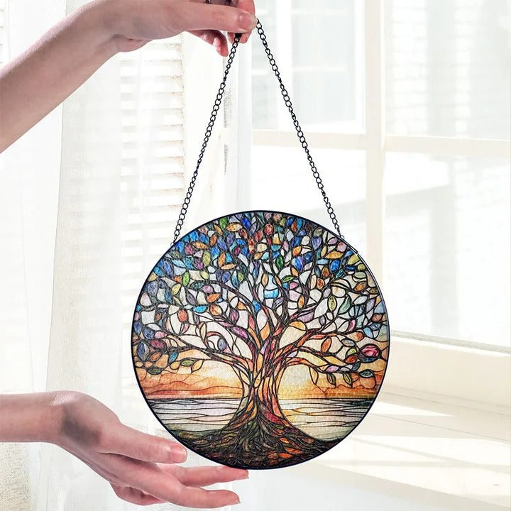 Lebensbaum-Suncatcher aus Glas – Handgefertigt & Farbintensiv | Leuchtende Fensterdekoration aus gebranntem Glas für Wohnräume
