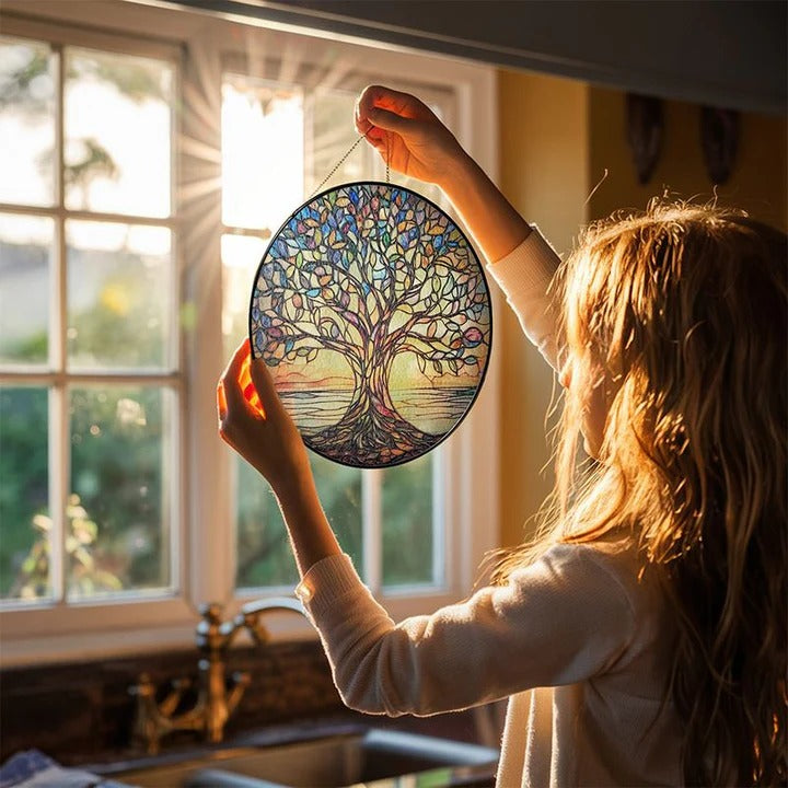 Lebensbaum-Suncatcher aus Glas – Handgefertigt & Farbintensiv | Leuchtende Fensterdekoration aus gebranntem Glas für Wohnräume