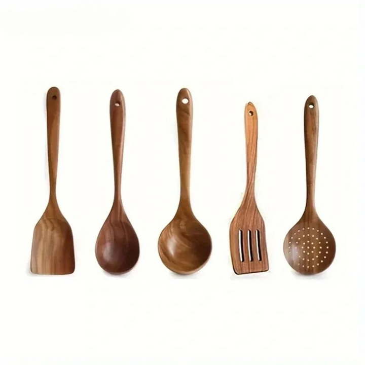 5-teiliges Küchenutensilien-Set aus Holz – Rustikal, Umweltfreundlich & Langlebig | Perfekt für stilvolles & nachhaltiges Kochen