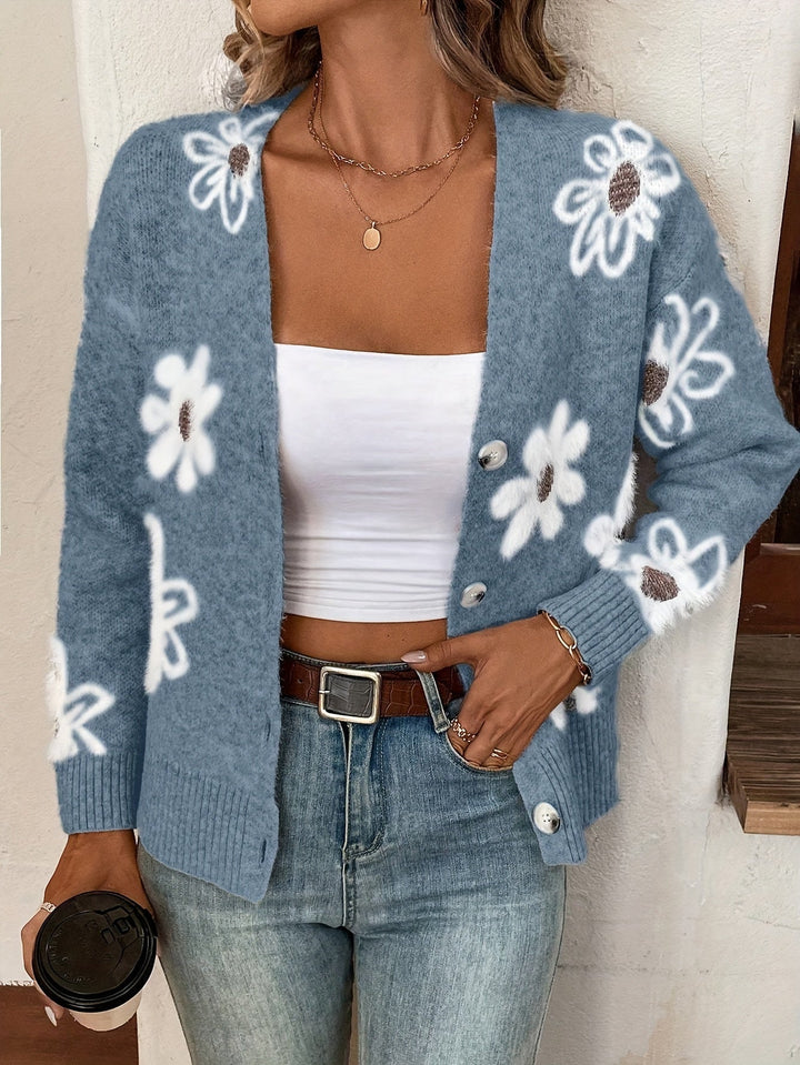 Damen-Cardigan Mit Blumenmuster Und Langen Ärmeln | V-Ausschnitt