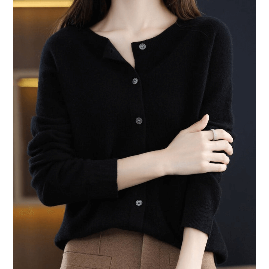 Damen Kaschmir Rundhals-Cardigan Mit Langen Ärmeln | Knopfleiste Vorne