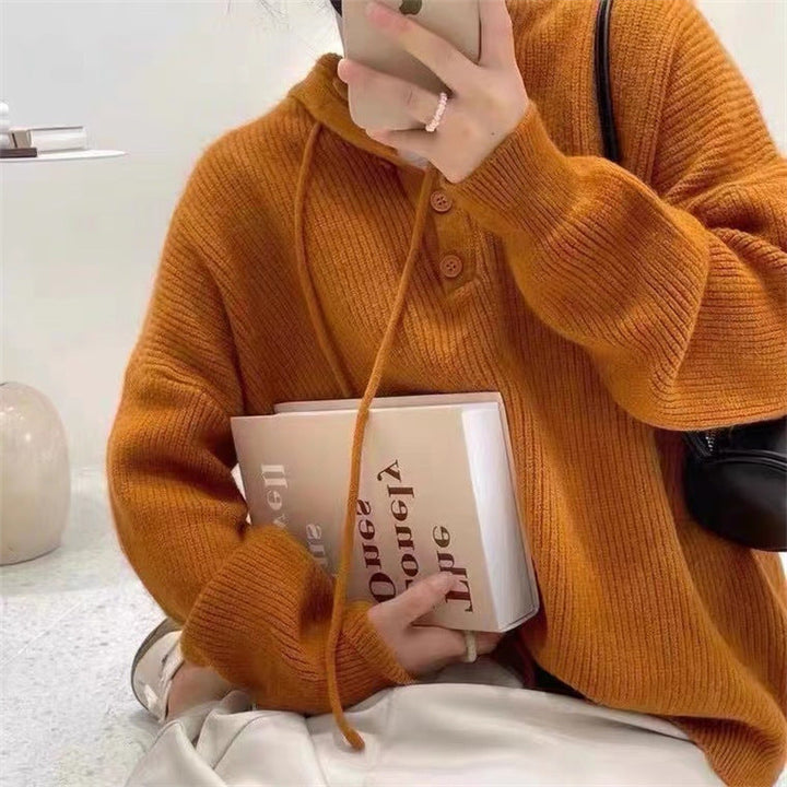 Henley-Kapuzenpullover Aus Strick Für Damen | Locker Geschnitten