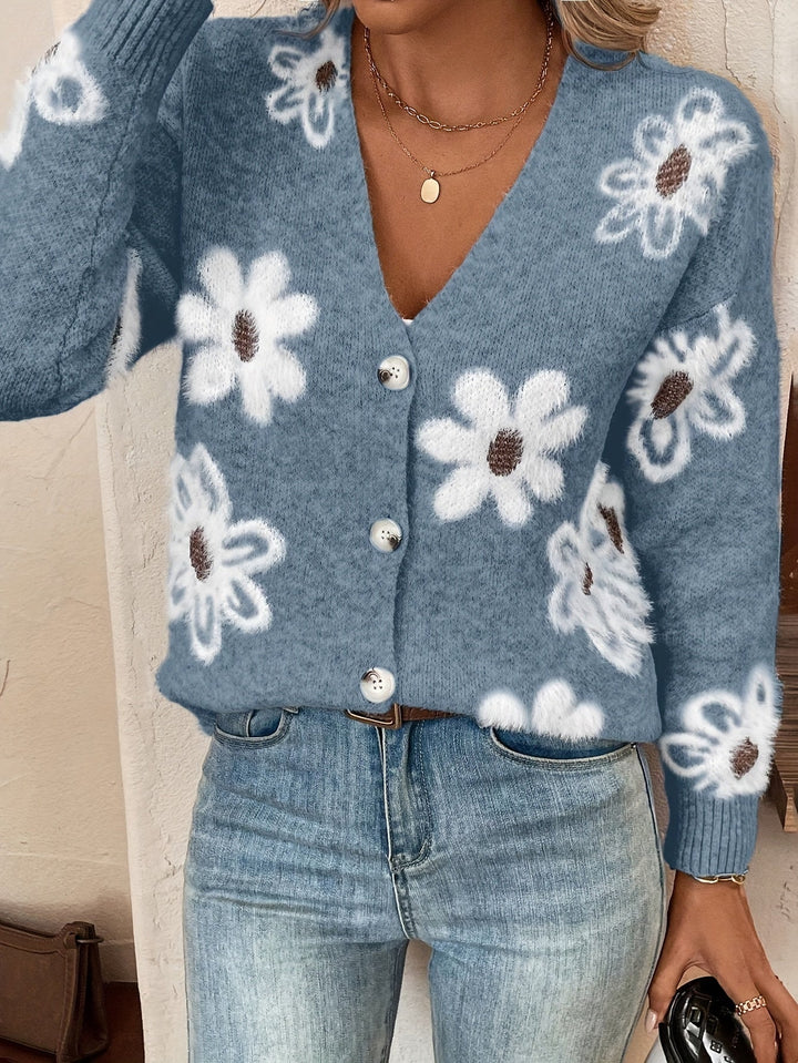 Damen-Cardigan Mit Blumenmuster Und Langen Ärmeln | V-Ausschnitt