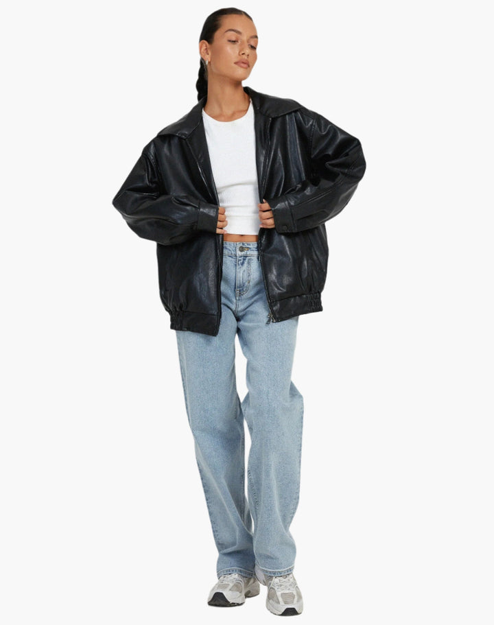 Oversize Lederjacke Mit Reißverschluss Für Damen | Winter