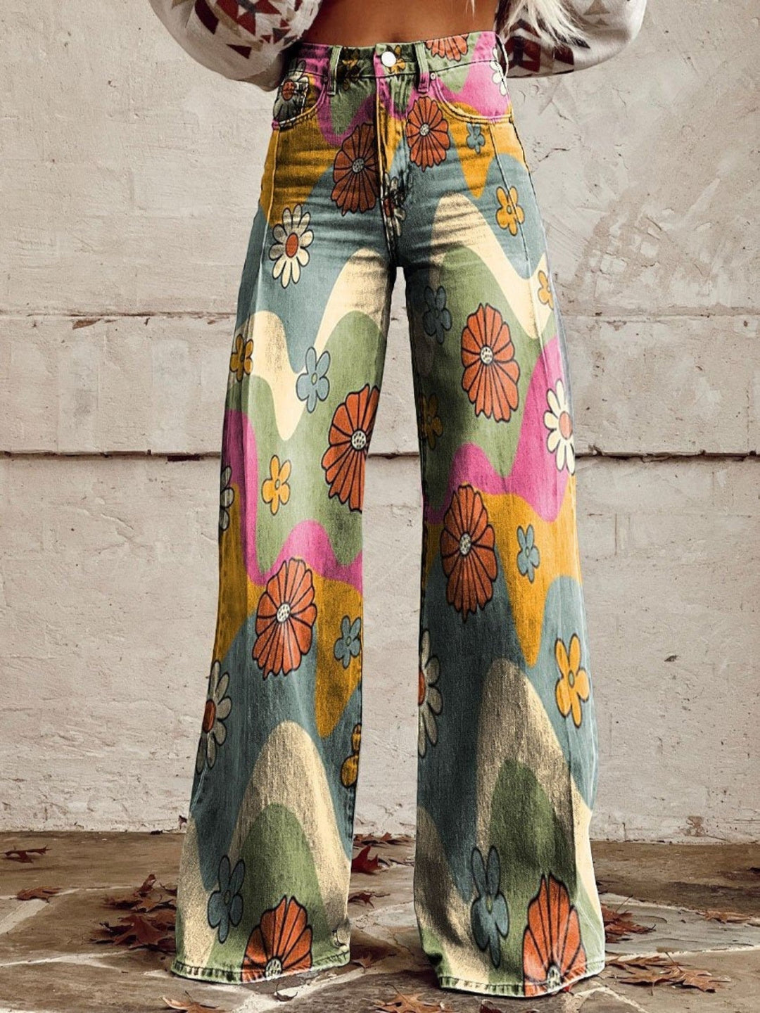 Romina | Lässige Jeans Mit Weitem Bein Und Blumenmuster Für Frauen