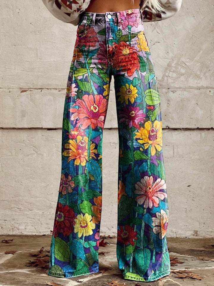 Romina | Lässige Jeans Mit Weitem Bein Und Blumenmuster Für Frauen