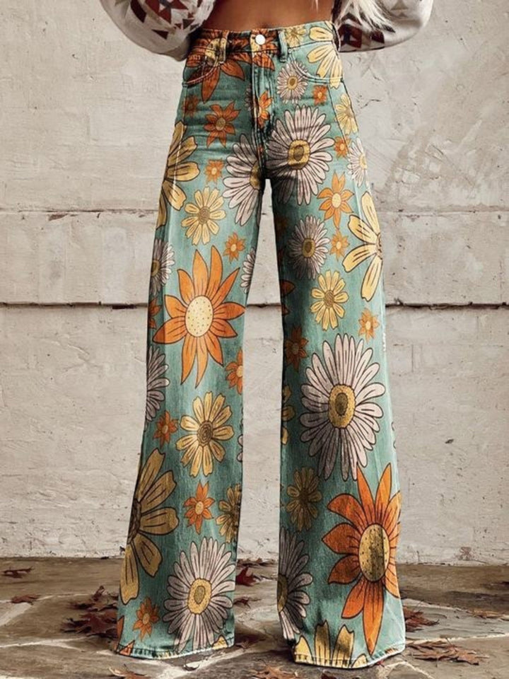 Romina | Lässige Jeans Mit Weitem Bein Und Blumenmuster Für Frauen