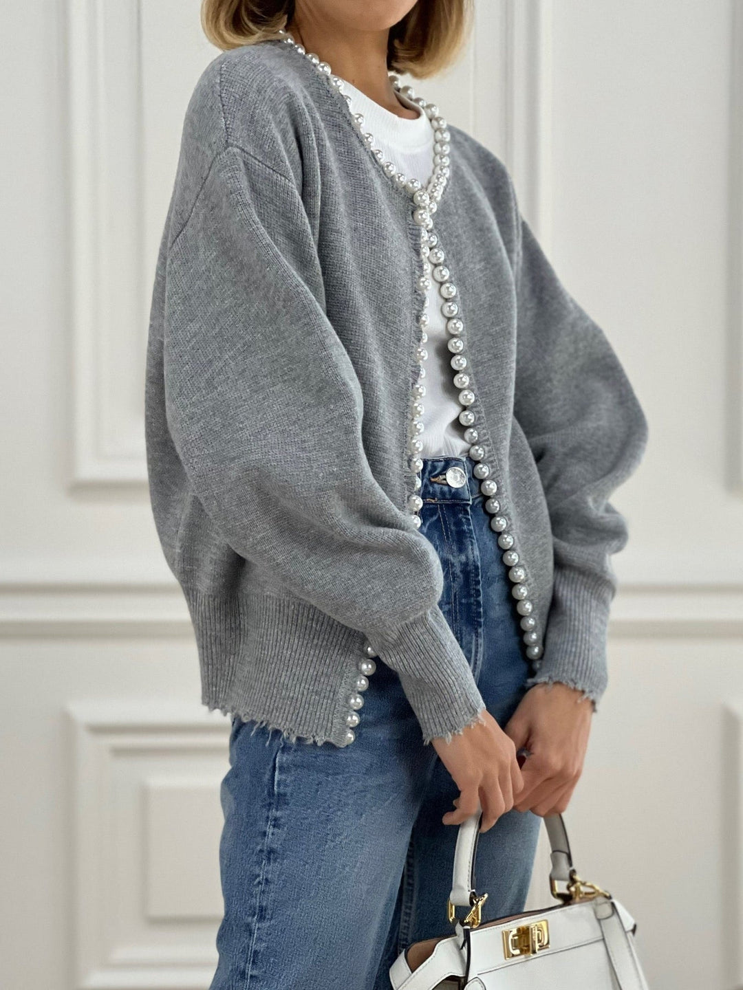 Trendiger Damen Cardigan Mit Perlendetails | Vorne Offen